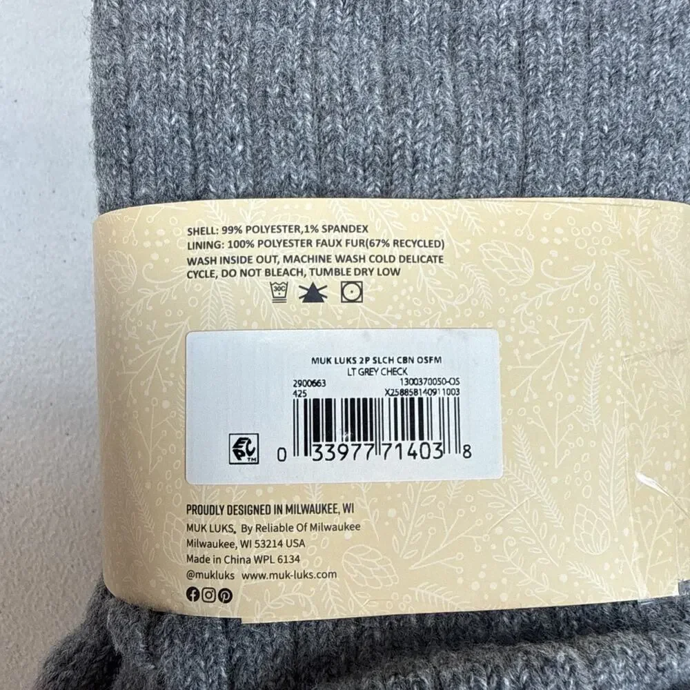 Muk Luke 2 Pack Women’s Slouch Cabin Socks Lt Grey Check One Size Fits Most